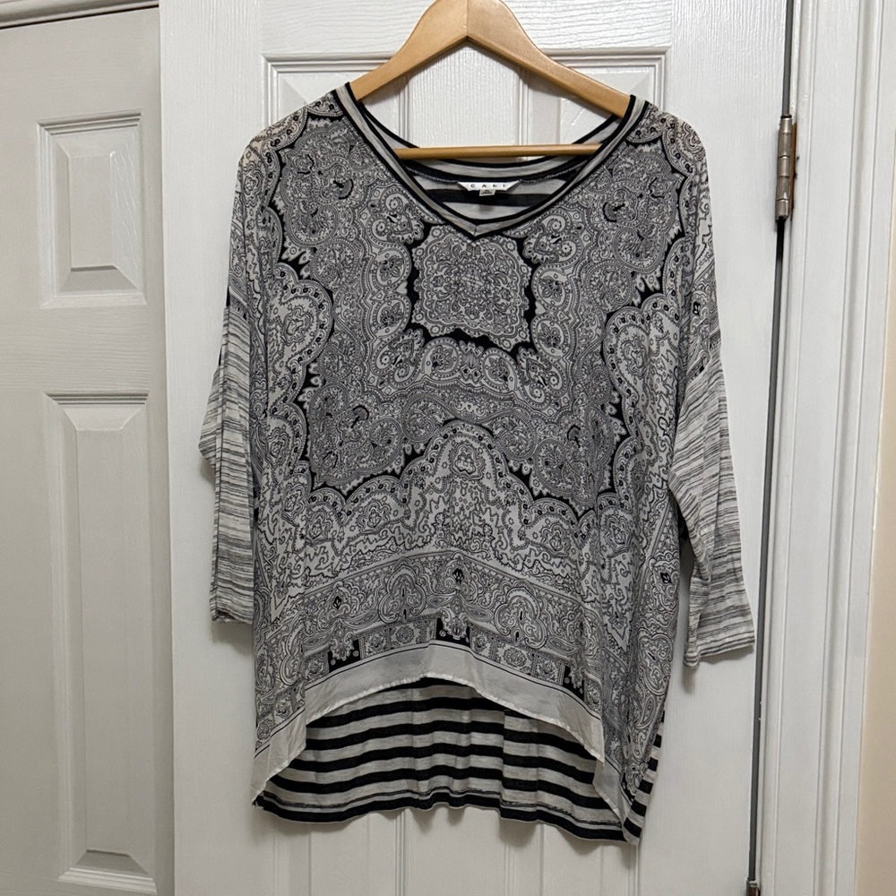 CAbi Black and Gray Paisley Women's Silk Blouse